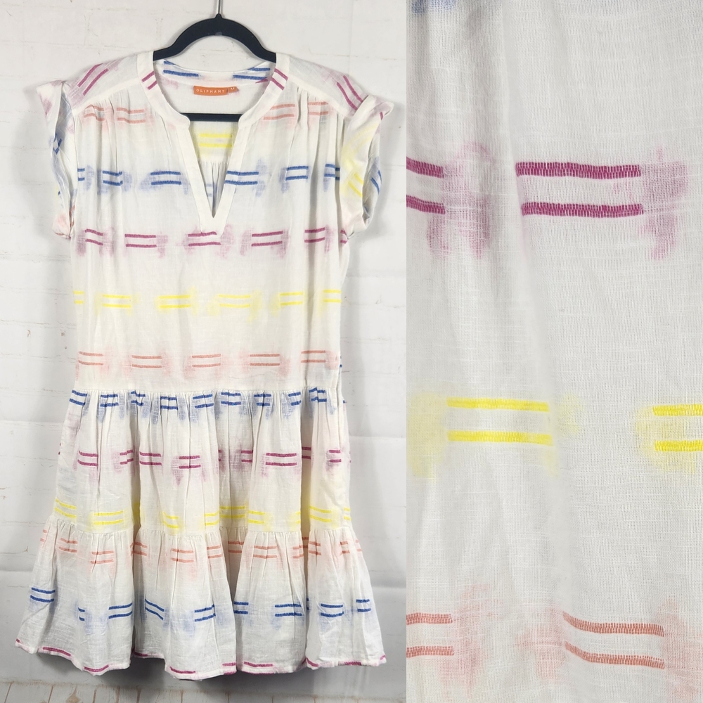 Oliphant White Mini Dress with Yellow, Blue & Pink Stripes